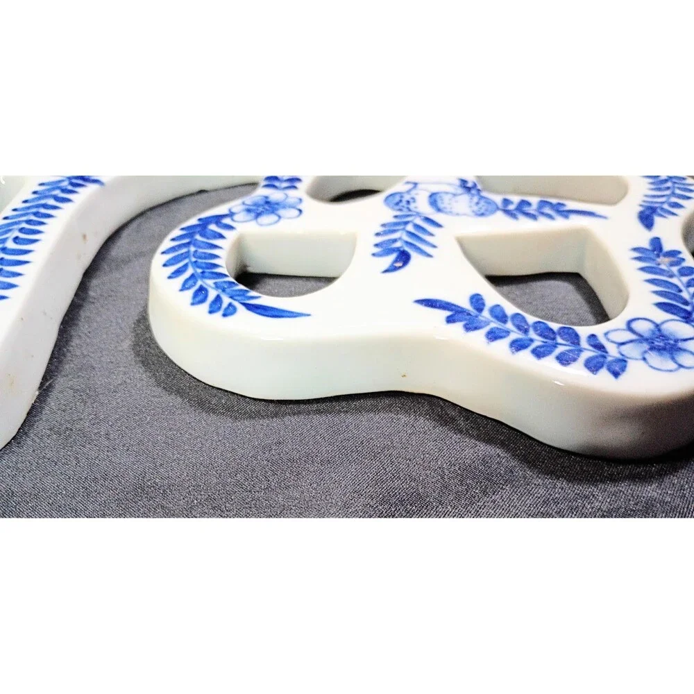 Ceramic Chinese Character Trivet Blue Floral